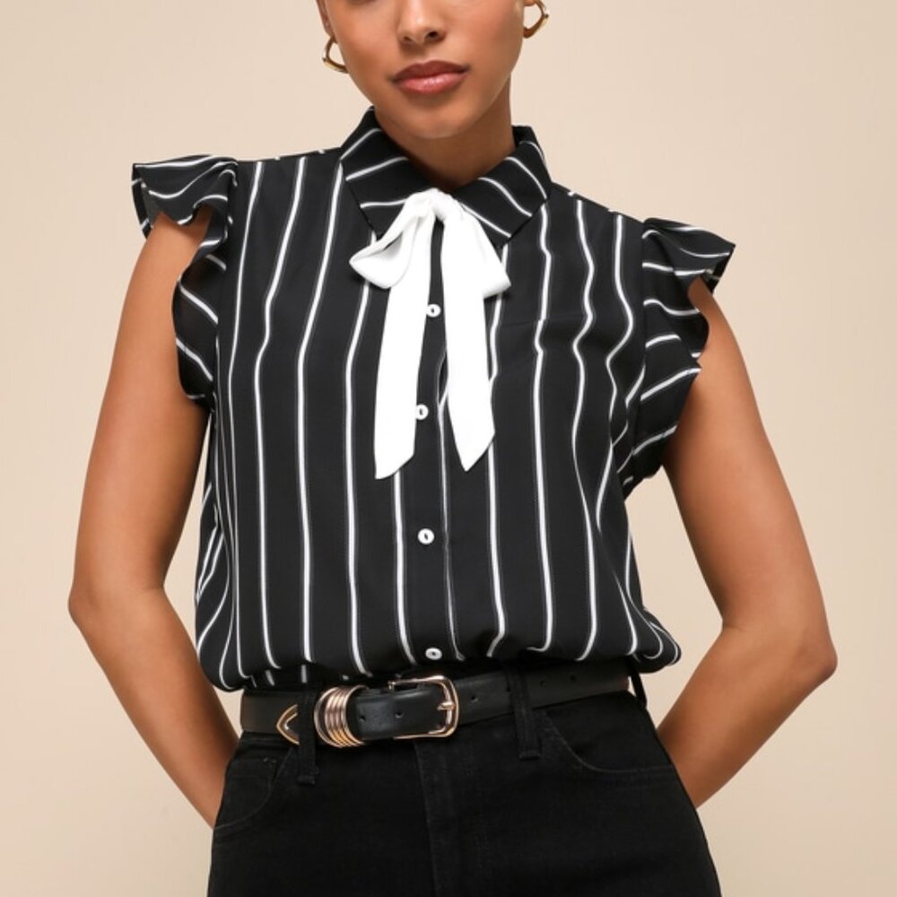 Lulus Burke White And Black Striped Tie-neck Top - Size XS